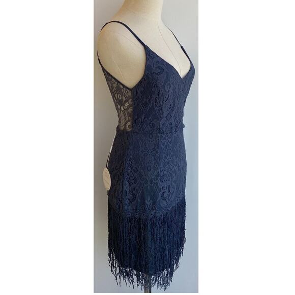 NWT Two Sisters The Label SHIMMY Mini DRESS STEEL BLUE Tassel Hem V Neck US 2 XS - Picture 3 of 8